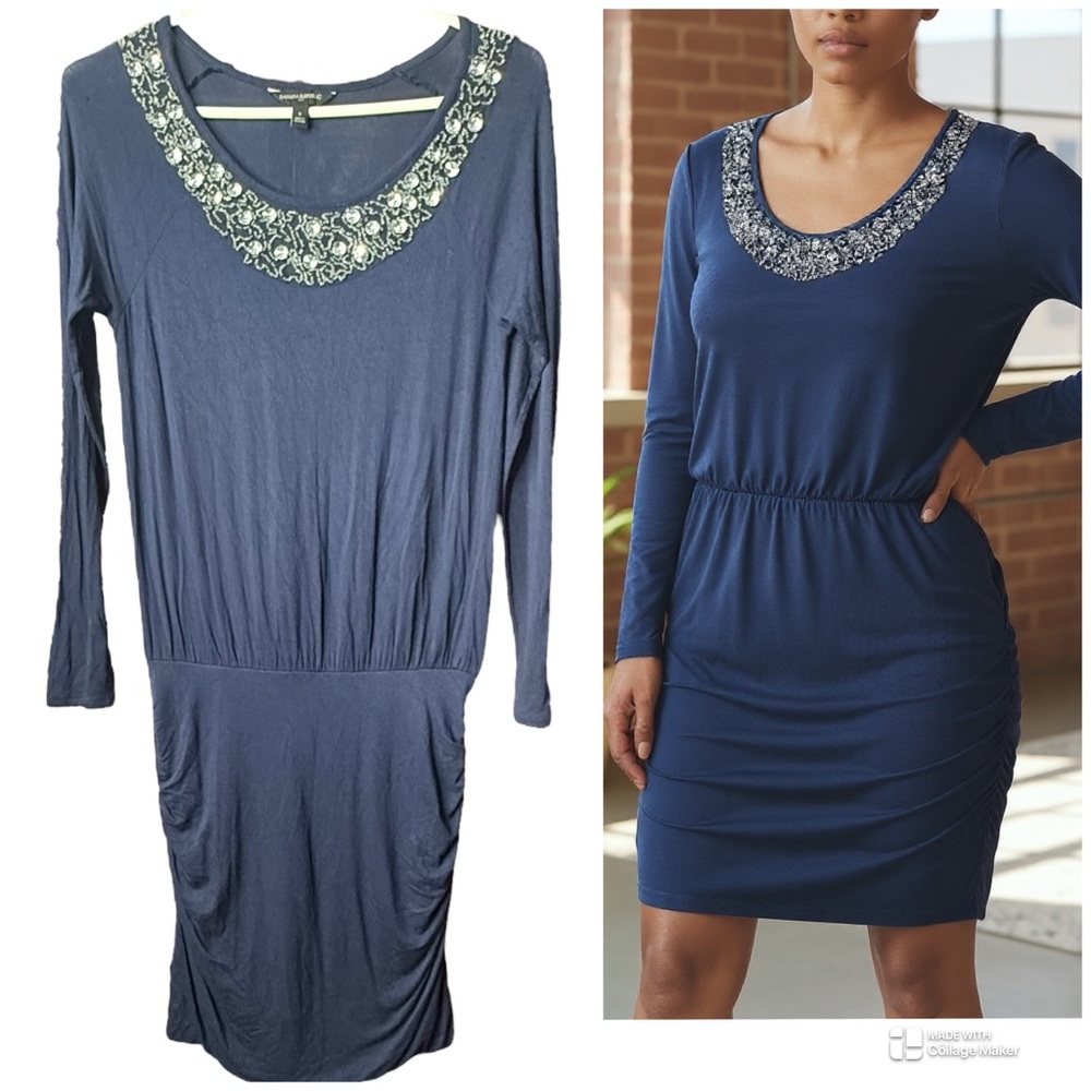 Banana Republic Navy Blue Embellished Scoop Neck Long Sleeve Ruched Dress Small